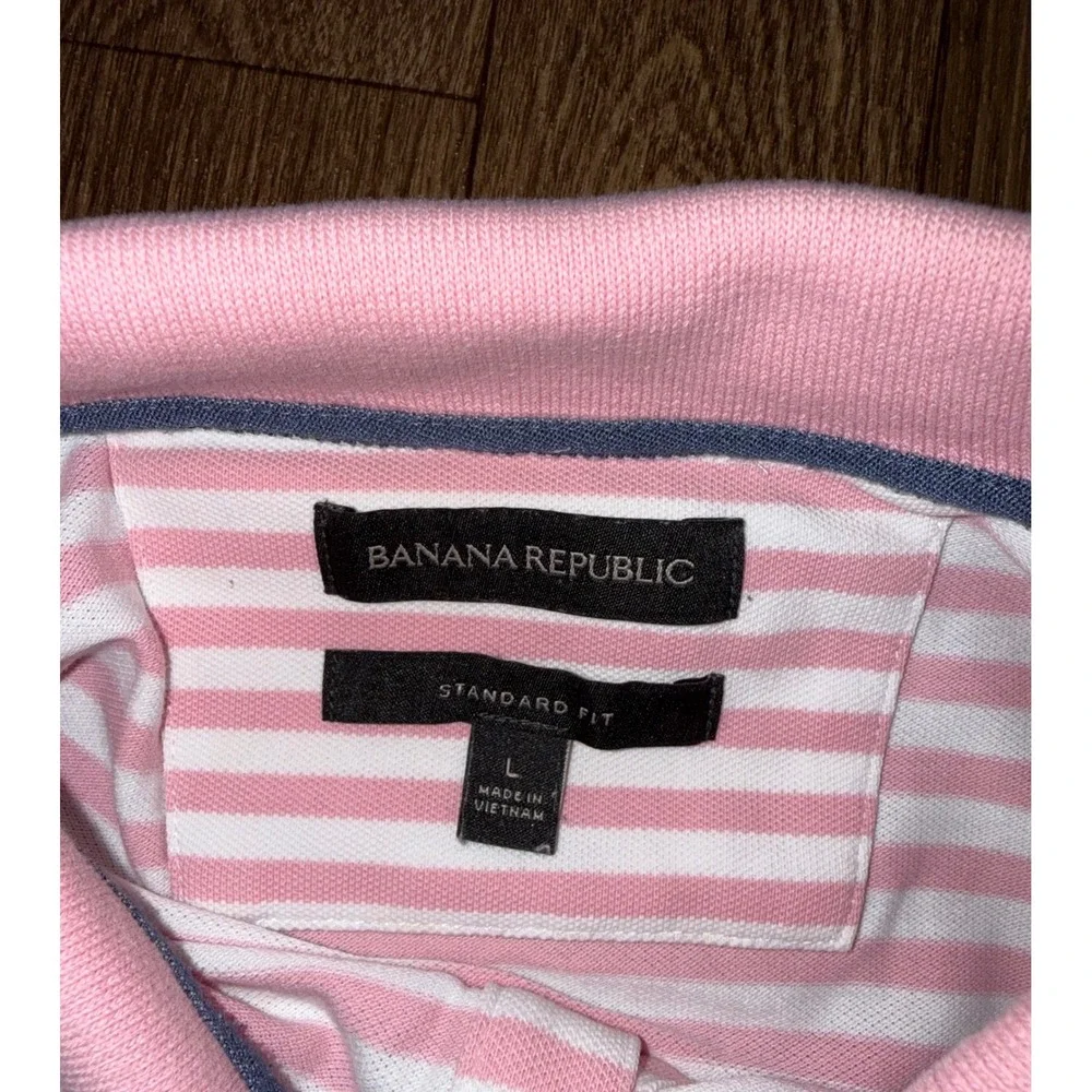 Banana Republic‎ Mens L Pink White Striped Pique Polo Shirt Standard Fit 887858
